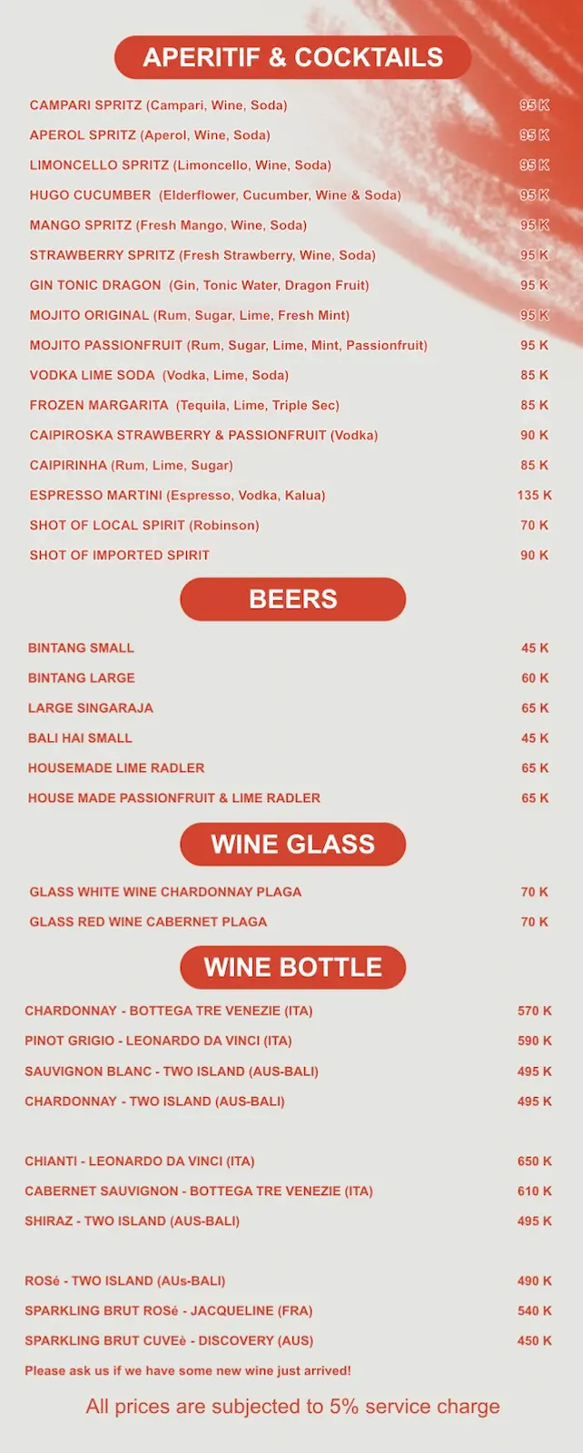 Bella Ciao Alcohol Menu | Gili Air