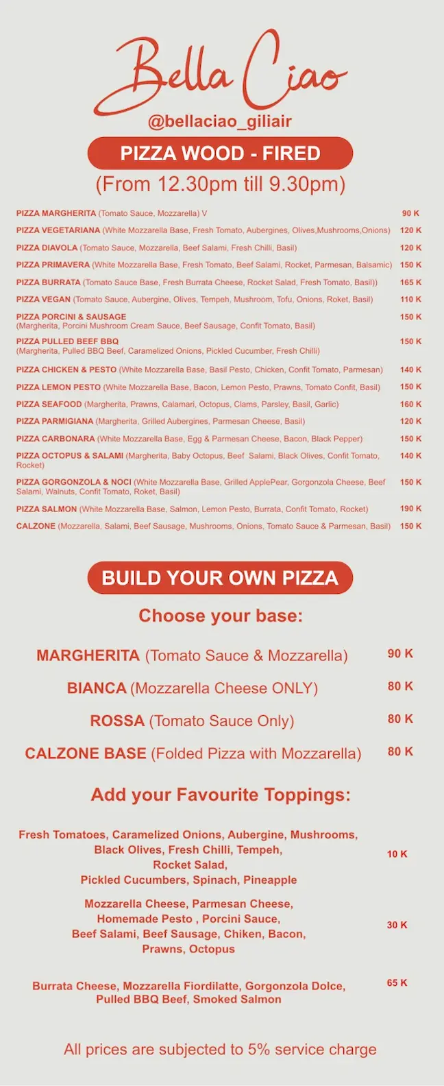 Bella Ciao Pizza Menu | Gili Air